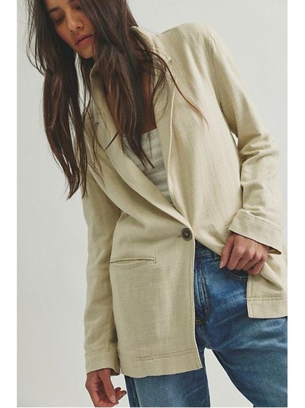 Free People We The Free Women’s S Beckett Boyfriend Blazer Linen Beige Oversized